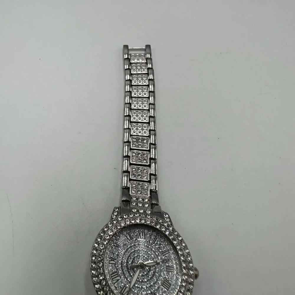 3/$30 Rhinestone Watch Women Silver Tone Pave Dial Roman Numerals Iced Out